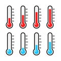 Thermometer icon set. Measurement instrument large collection. Weather thermometer with blue an red mercury. Royalty Free Stock Photo